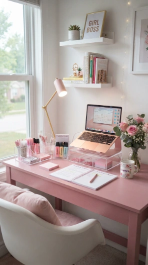Pink dorm study desk setup