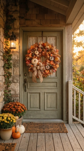 Fall Mesh Wreaths DIY Ideas decorating a cozy autumn front door