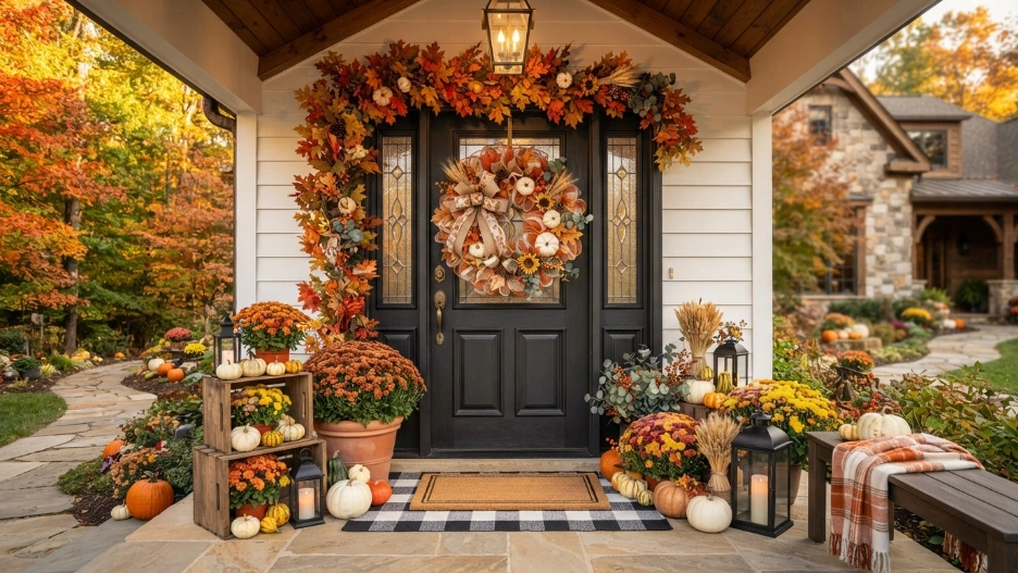 Fall Mesh Wreaths DIY Ideas featuring deco mesh, pumpkins, burlap ribbon, pinecones, sunflowers, and a beautifully decorated autumn front door.
