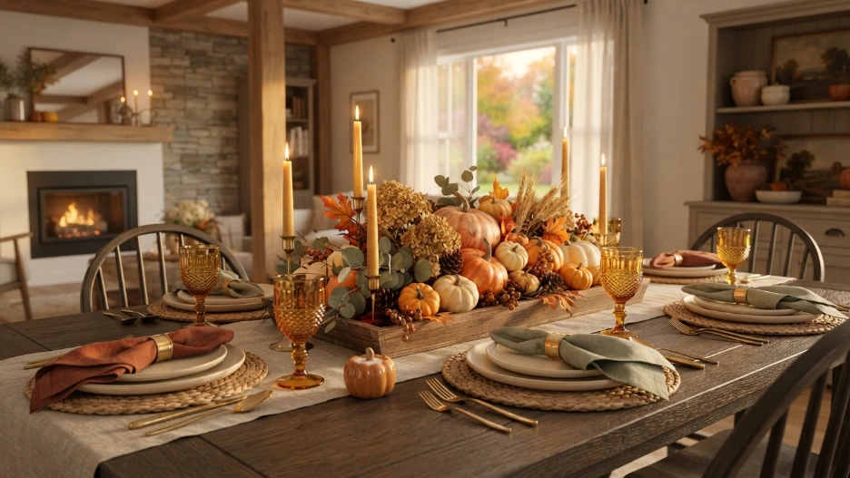 Fall Table Decorations Centerpieces Ideas featuring pumpkins, dried flowers, eucalyptus, candles, wheat, and pinecones on a cozy autumn dining table.