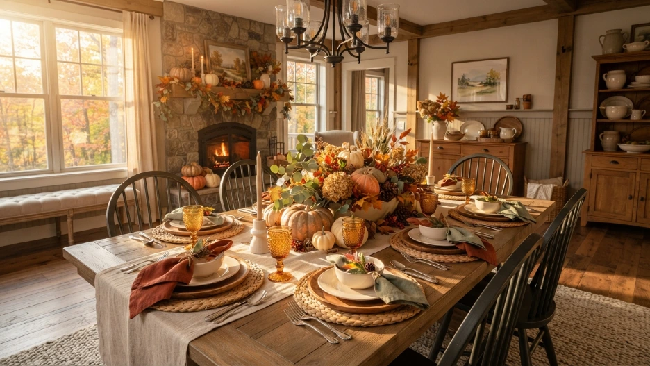 Fall Table Decorations Ideas featuring pumpkins, dried flowers, eucalyptus, candles, linen, and natural autumn accents on a cozy dining table.