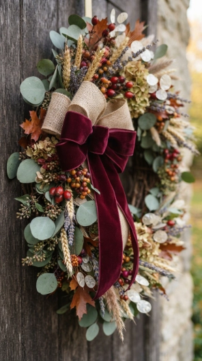 Fall Wreaths for Front Door with decorative ribbon