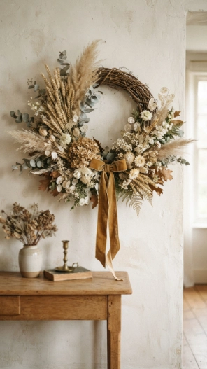 Fall Wreaths for Front Door with wheat and pampas grass