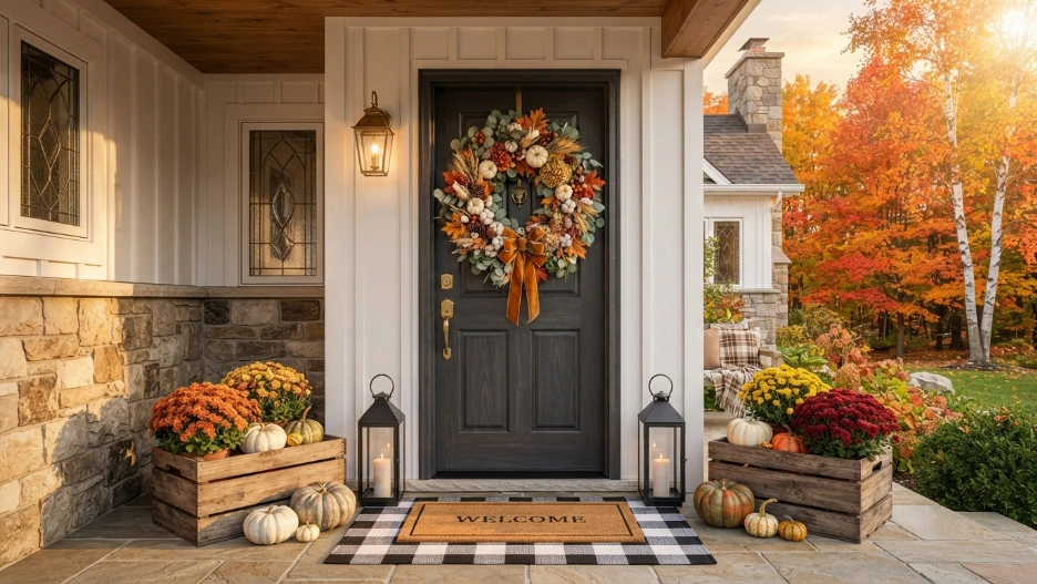 Fall Wreaths for Front Door featuring eucalyptus, pumpkins, pinecones, dried flowers, wheat, and a beautifully styled autumn entrance.