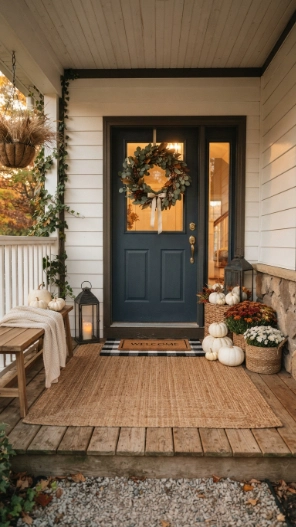 Simple Outdoor Fall Decor Ideas with pumpkins, lanterns, and seasonal flowers