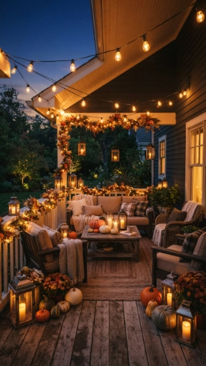 Simple Outdoor Fall Decor Ideas with cozy lighting