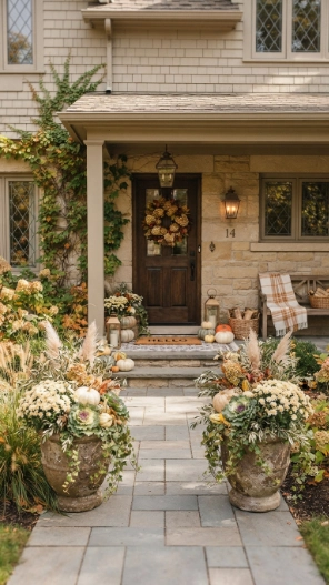 Simple Outdoor Fall Decor Ideas with seasonal planters