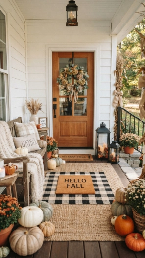 Simple Outdoor Fall Decor Ideas with layered rugs