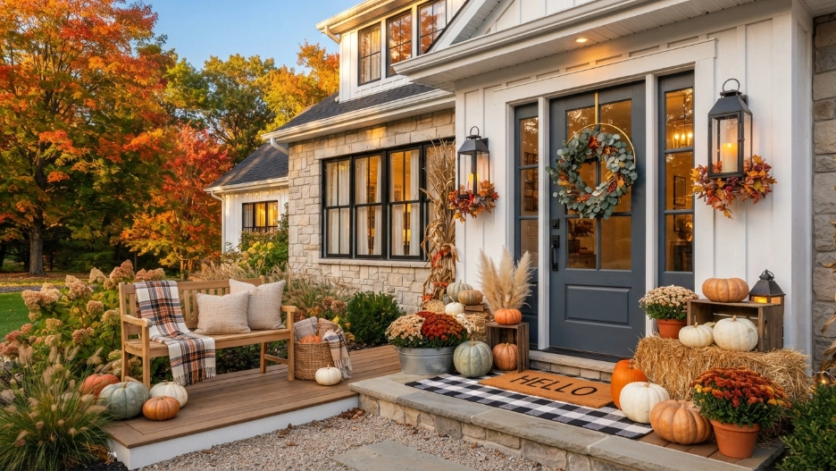 Simple Outdoor Fall Decor Ideas featuring pumpkins, lanterns, mums, a seasonal wreath, and a cozy autumn front porch.